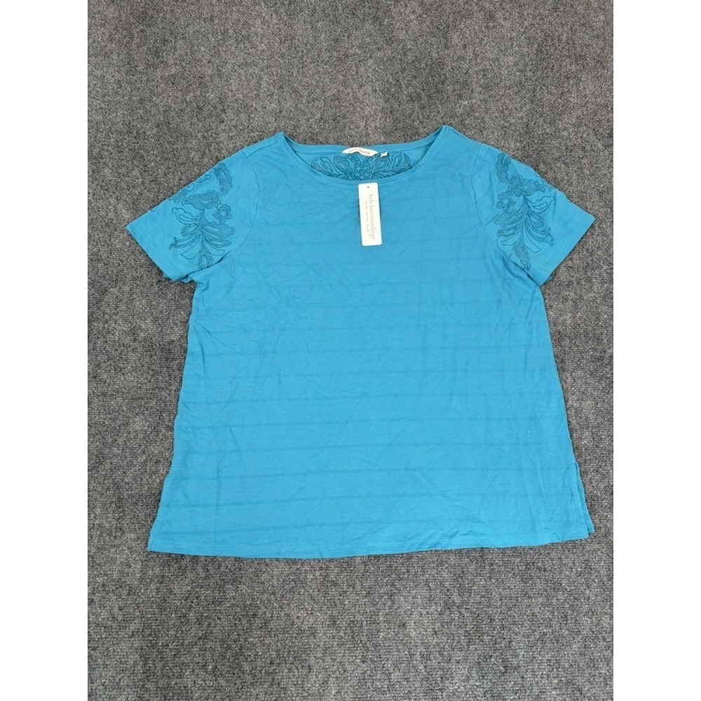 NWT Soft Surroundings  Womens Ventana Tee Blue‎ Short Sleeve Embroidered Size XL